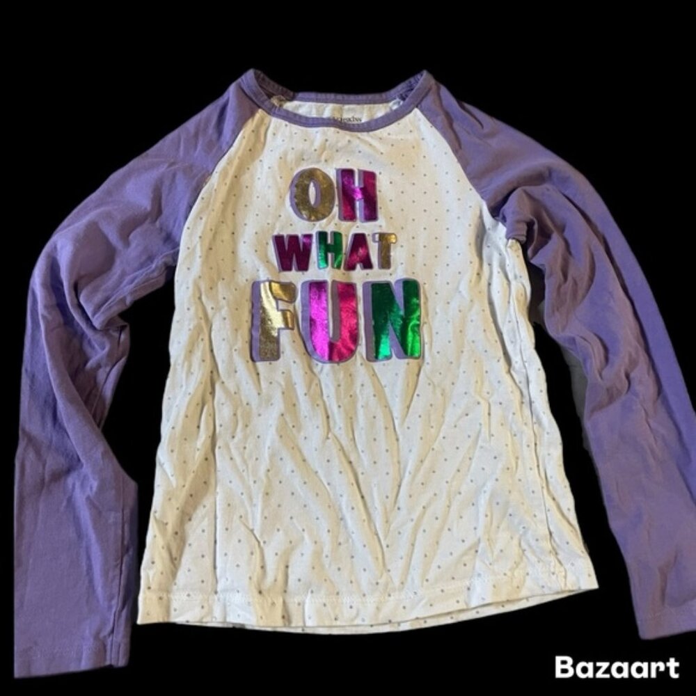 Sz 6 Girl Long Sleeve Rainbow Foil "Oh What Fun"  Purple White Polka Dot Tshirt